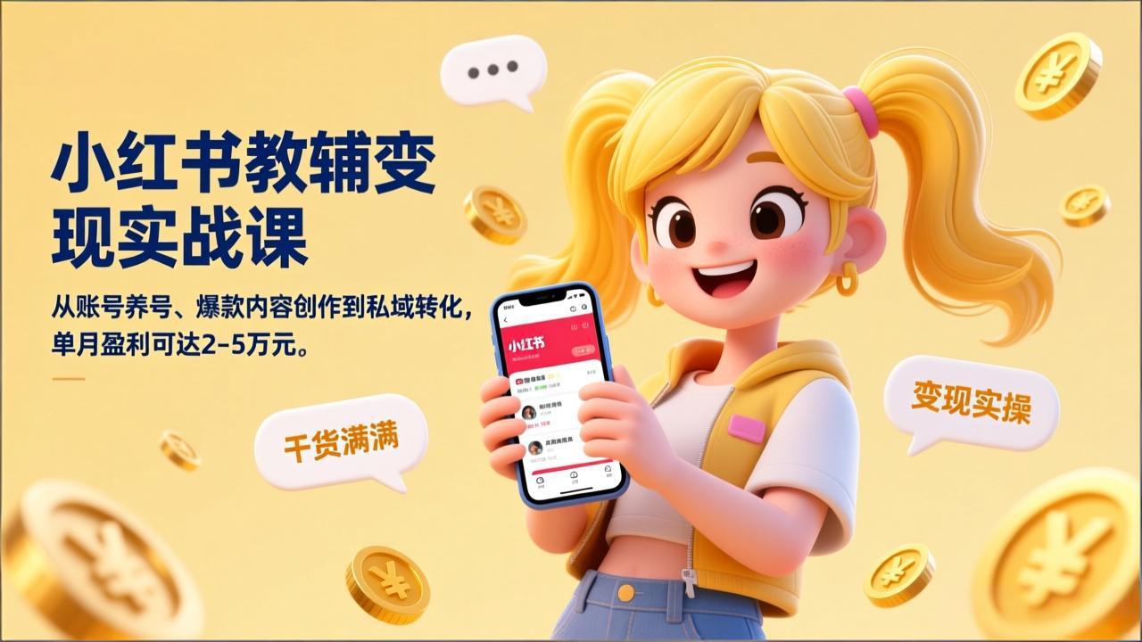 小红书教辅变现实战课：从账号养号、爆款内容创作到私域转化，单月盈利2-5万元