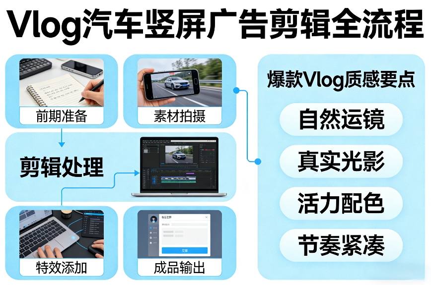 汽车竖屏广告Vlog剪辑脚本全流程：保姆级教程拆解爆款质感技巧