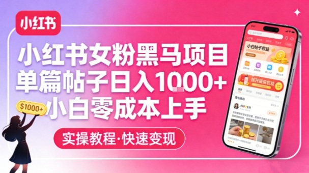 小红书零成本女粉变现：小白单篇日入1k+，新手直接上手