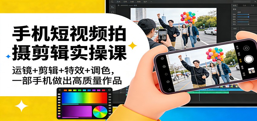 手机短视频拍摄剪辑实操课：运镜+剪辑+特效+调色全流程，一部手机做出高质量专业作品
