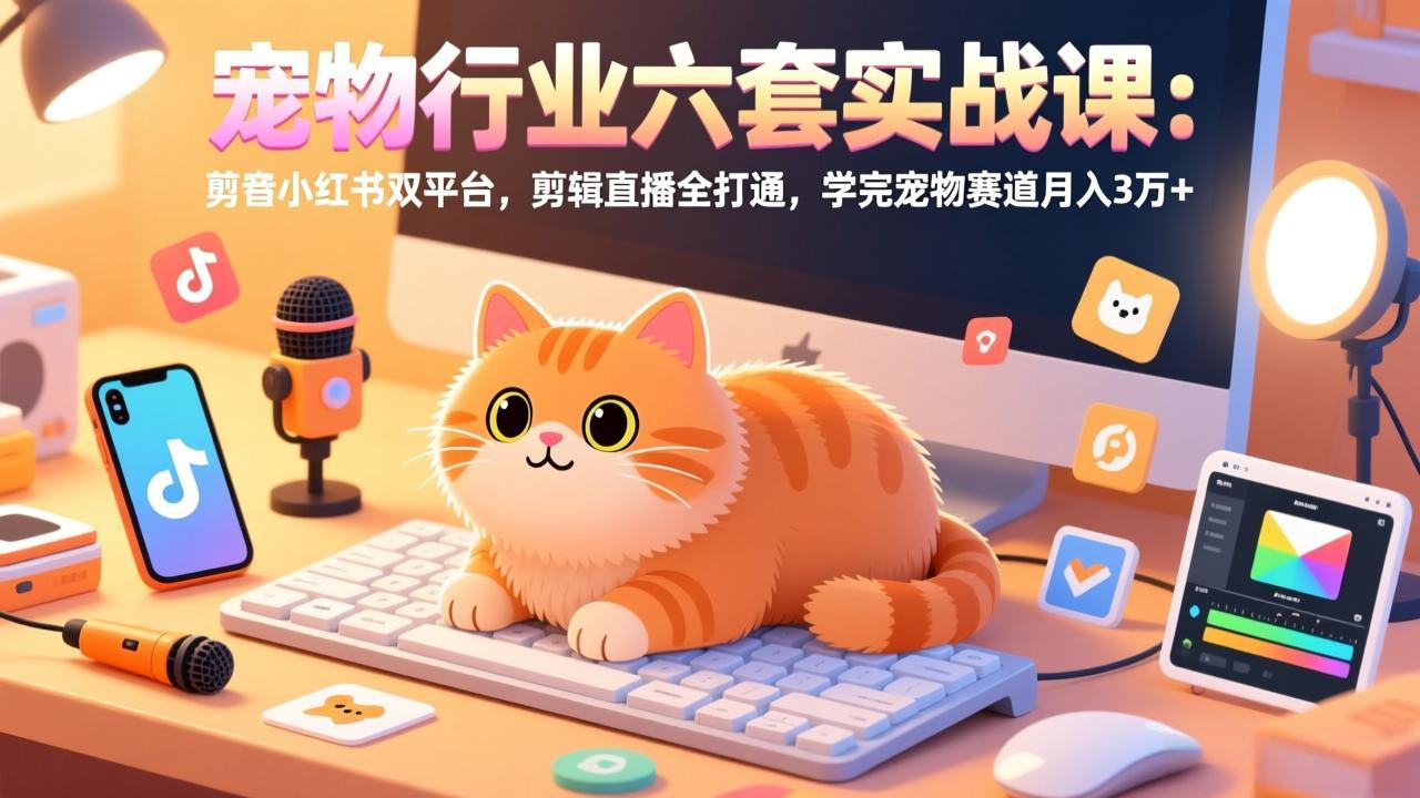 宠物行业实战课：抖音+小红书双平台运营，剪辑直播全打通，学完宠物赛道月入3万+