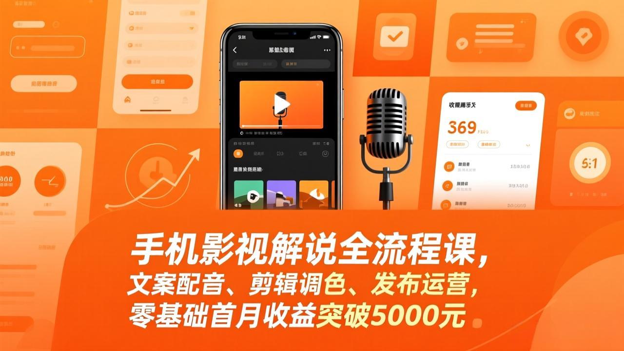 零基础手机影视解说全流程课：文案配音+剪辑调色+发布运营，小白首月收益突破5000元