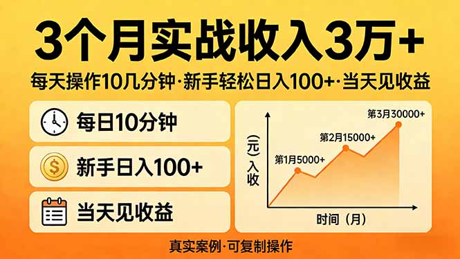 新手日入100+：3个月实战3万+，每天10几分钟操作，当天可见收益