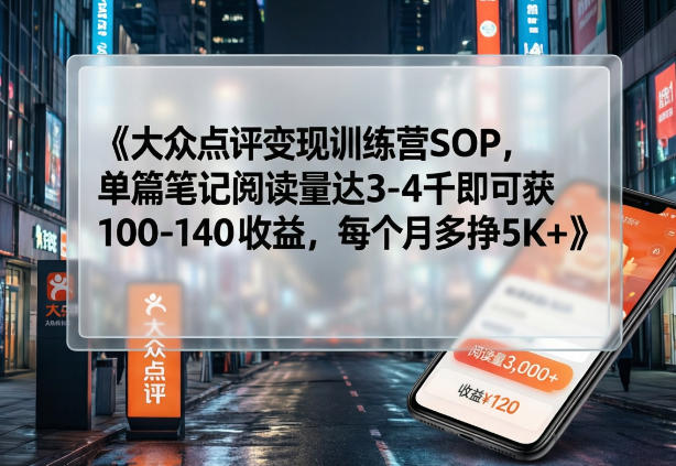 大众点评变现保姆级SOP：单篇阅读3-4千，收益100-140，每月稳定多挣5K+